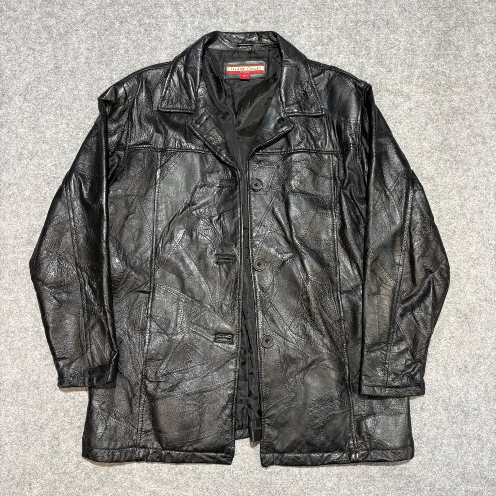 Tudor Court Haband Mens Black Patchwork Leather Jacket Coat Large Three Button